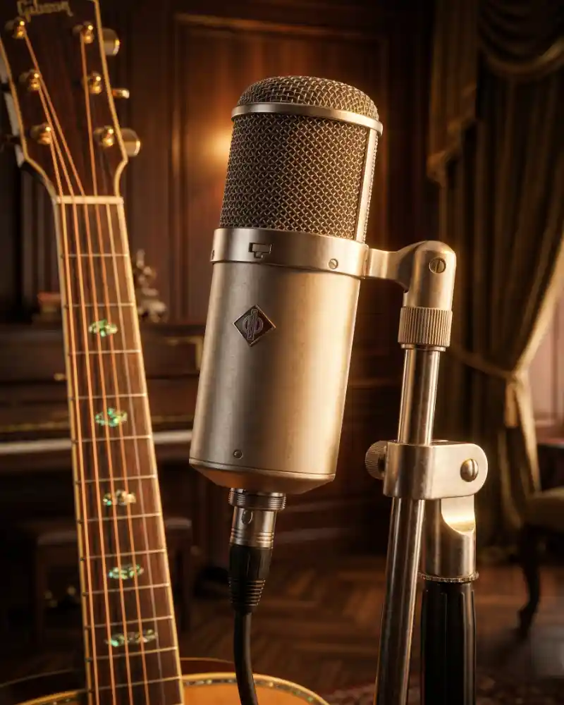 Vintage studio microphone with acoustic guitar fretboard background